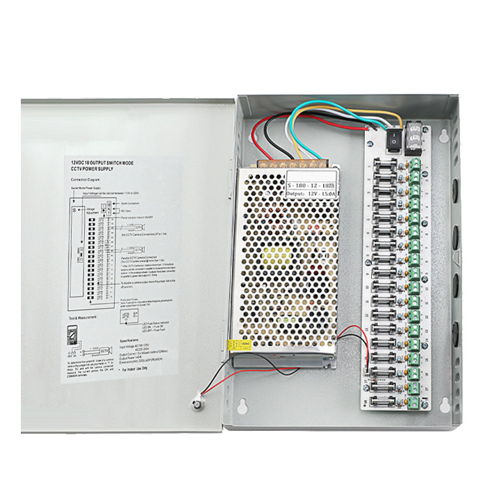 180W 15A 18CH DC12V Output Switch Mode CCTV Distribution Box Portable Power Supply For IR Camera Monitoring Equipment LED Tape Lights 180W 15A 18CH DC12V Output Switch Mode CCTV Distribution Box Portable Power Supply For IR Camera Monitoring Equipment LED Tape Lights
